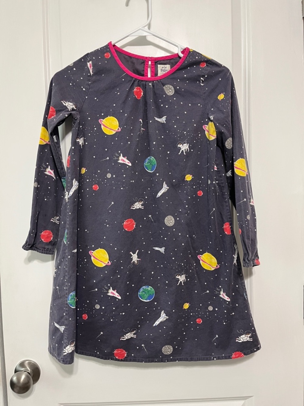 Mini Boden Sprout in Space Long Sleeve Cotton Dress Sz 9-10Y